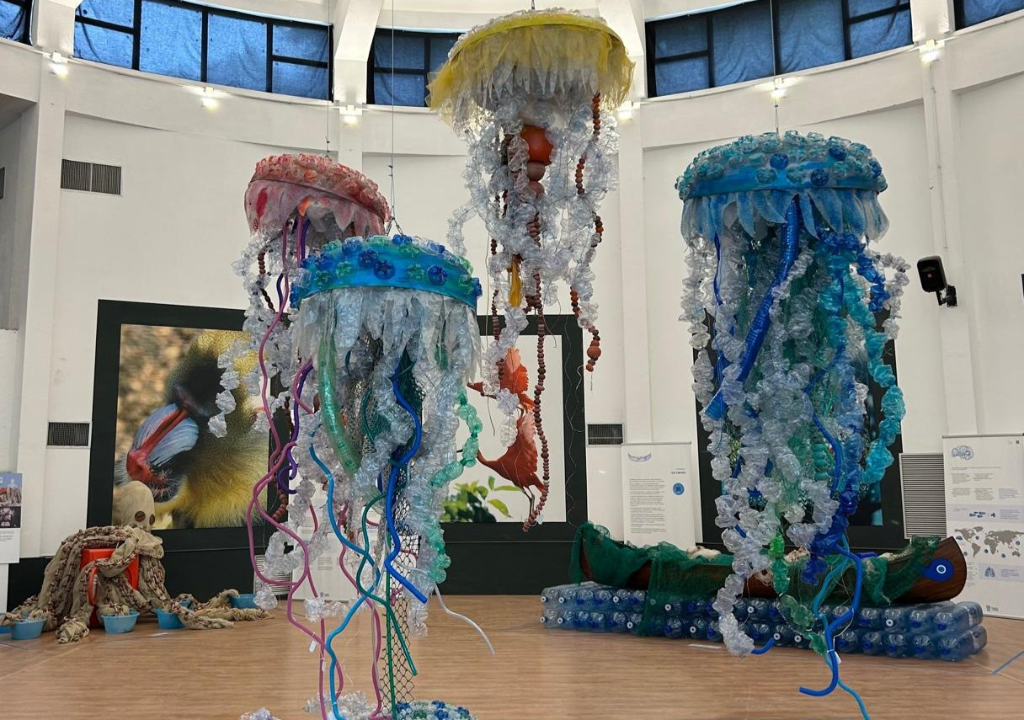 l'immagine rappresenta opere d'arte marine, principalmente meduse appese al soffitto, di grandi dimensioni in materiali riciclati.