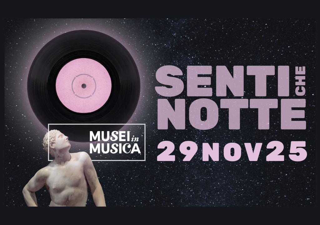 l'immagine rappresenta la locandina dell'evento con scritto Senti che notte e la data. a sinistra il busto di una statua guarda un disco vinile.