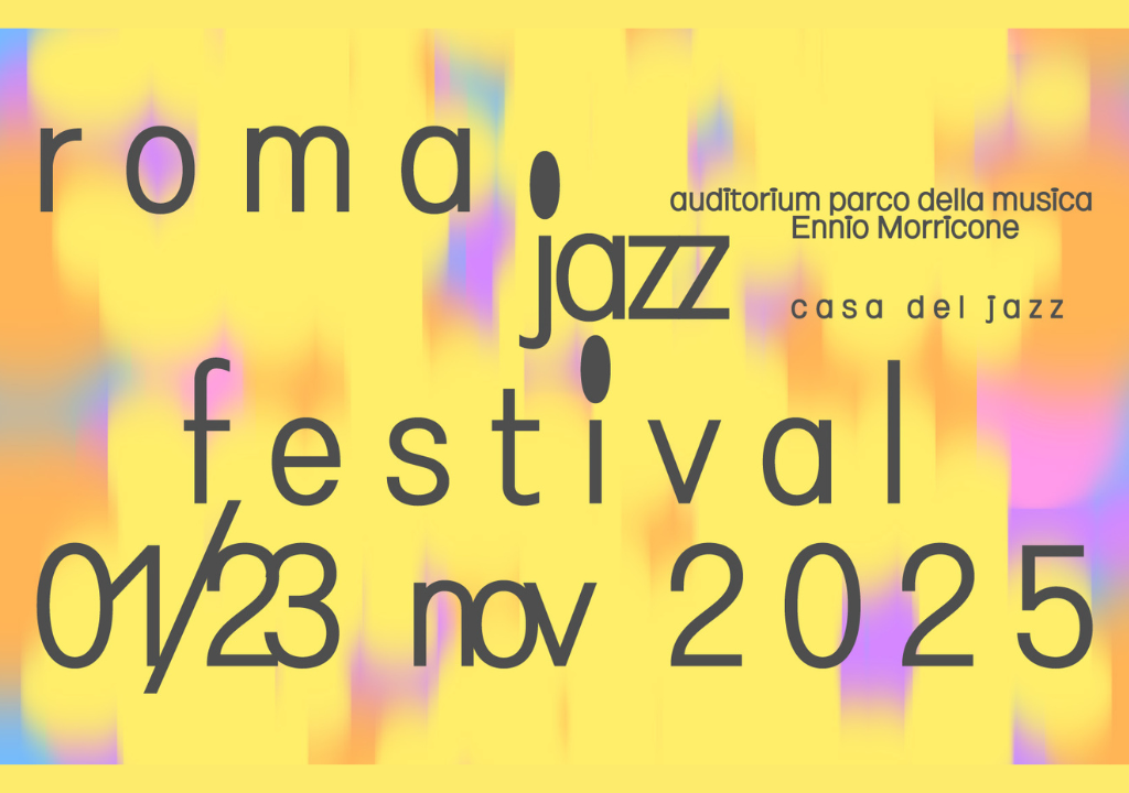 l'immagine rappresenta la locandina dell'evento con scritto ROma jazz Festival e le date, su sfondo giallo con macchie di colori viola, azzurro e arancione.