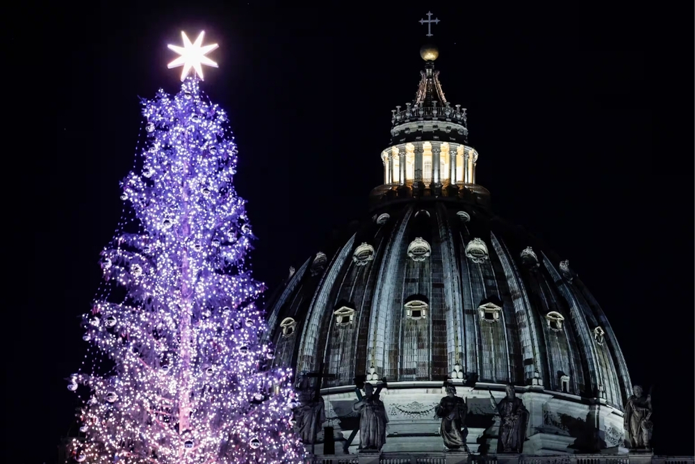 l'immagine rappresenta la cupola del Vaticano in notturna con davanti la punta di un albero di natale acceso.