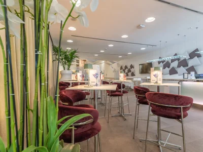 The picture shows part of the bar counter and some small tables with burgundy velvet stools. On the corner some plants.