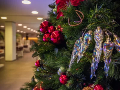 Nell'immagine un albero di Natale addobbato.
